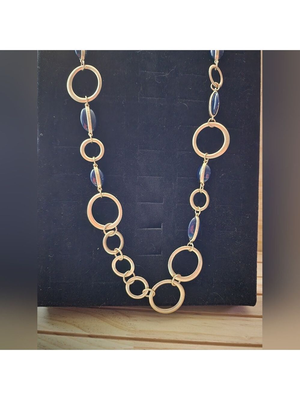 Chico’s Goldtone & Navy Resin Link Statement Necklace – Adjustable 32" EUC